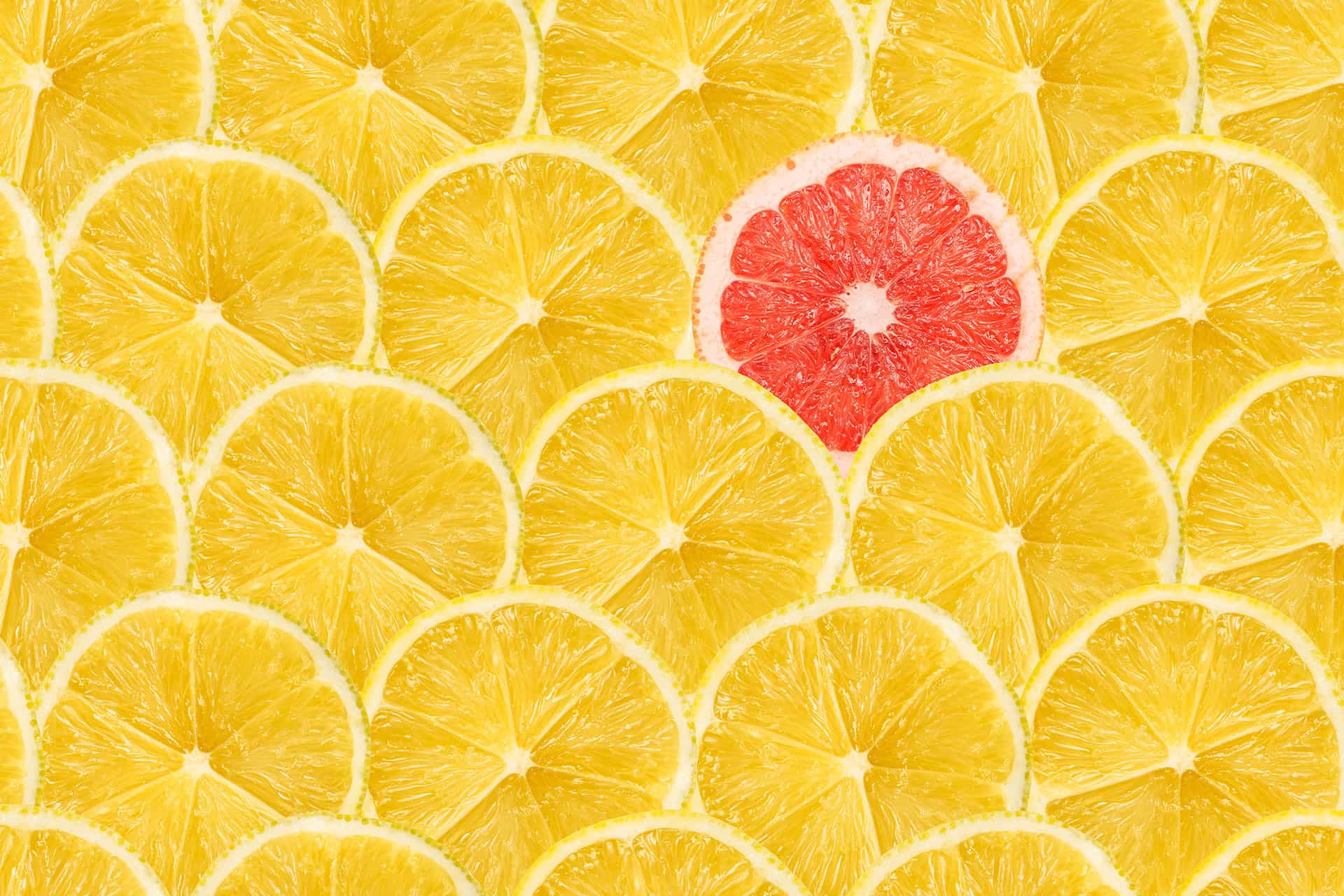 A Pink Grapefruit in a Sea of Yellow Grapefruit